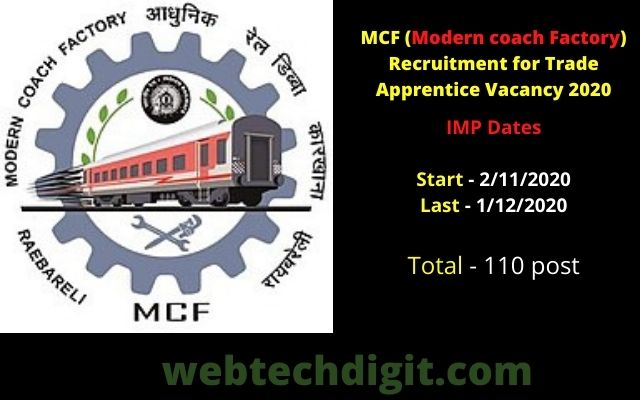 MCF (Modern coach Factory) Recruitment for Trade Apprentice Vacancy 2020